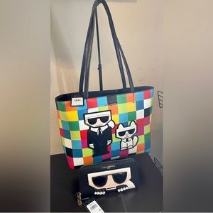NWT Karl Lagerfield Paris Maybelle Checkerboard Tote and matching wallet